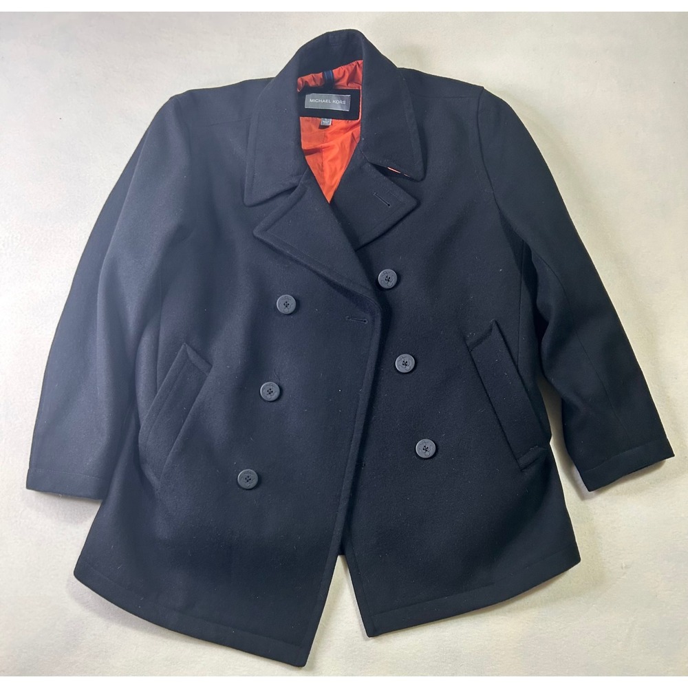 Michael Kors Mens Black Wool Blend Pea Coat Orange Lining Large Anchor Buttons